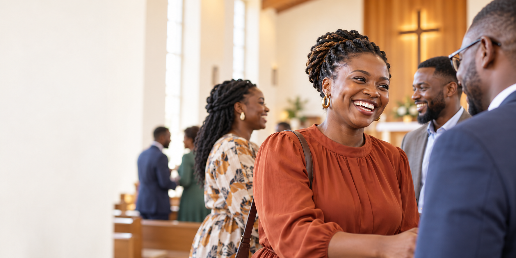 Illustrative image of people sharing a warm welcome at church